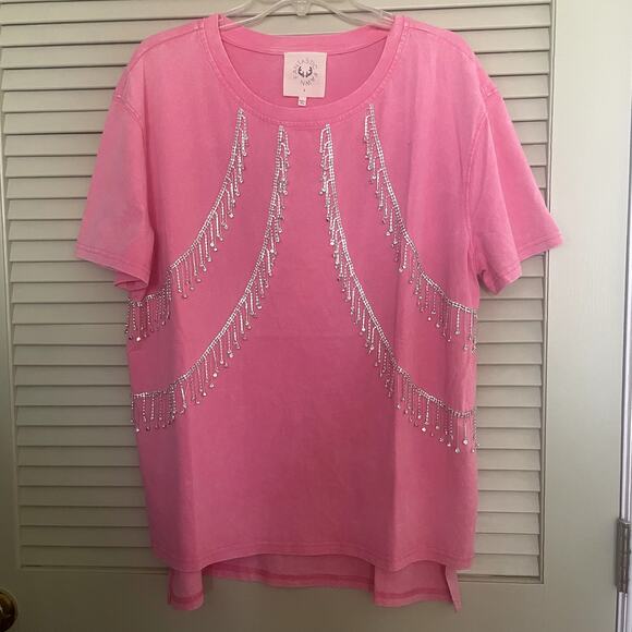 Fantastic Fawn NWOT 100% Cotton Pink Tshirt w/ Fringe Large - Picture 1 of 4